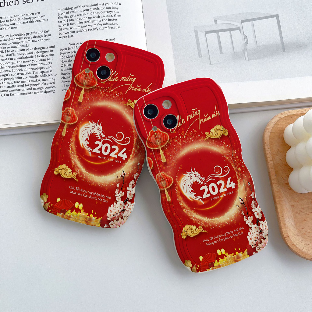 Ốp điện thoại iphone cạnh sóng Chúc Mừng Năm Mới 2024 Rồng Vàng cho iphone 6 7 8 plus x xsmax xr 11 12 13 14 15 sm1580