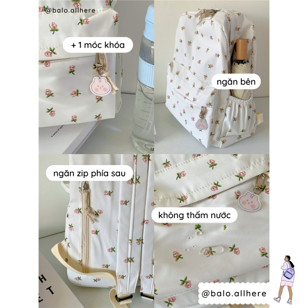Balo Cặp Sách Nữ Đi Học Họa Tiết Hoa Nhí