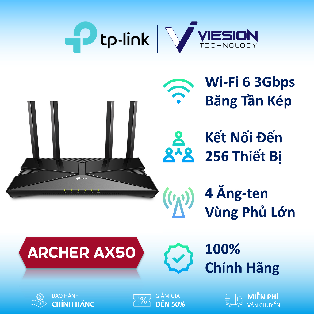 TP-Link Archer AX50 - Bộ Phát Wi-Fi 6 chuẩn AX3000, tốc độ siêu nhanh 3Gbps