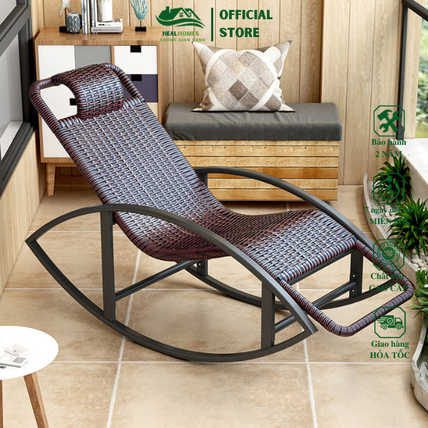 Ghế bập bênh Healhomes giả mây khung thép sử dụng ngoài trời ban công sân vườn bảo hành 24 tháng/ Kích thước: 135 dài x