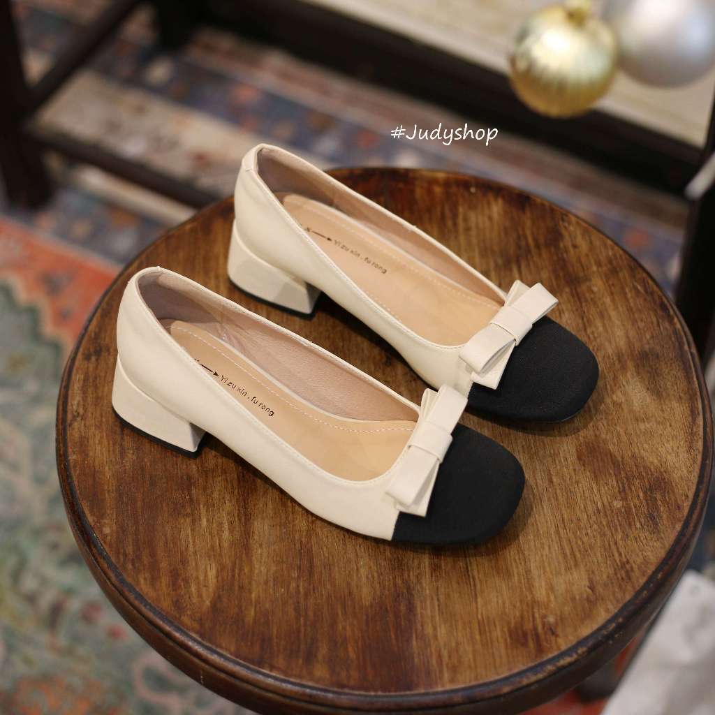 Giày Gót Vuông - Giày tiểu thư YXZ Captoe phối mũi Nơ Ngang 4p QCCC