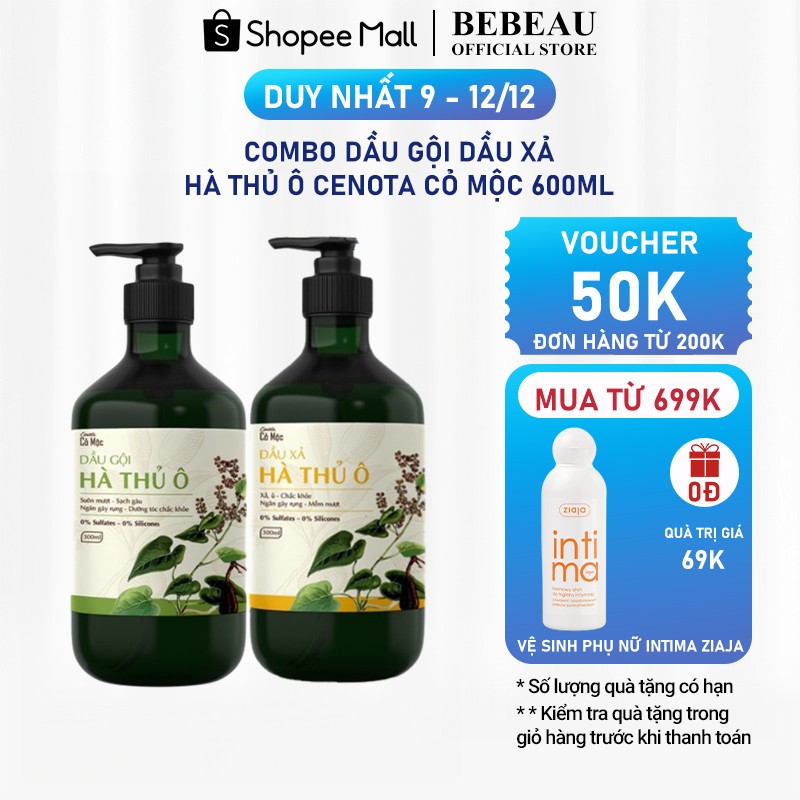 Combo Dầu Gội Dầu Xả Hà Thủ Ô Cenota Cỏ Mộc Suôn Mượt, Sạch Gàu, Ngăn Gãy Rụng, Dưỡng Tóc Chắc Khỏe 600ml - TV21