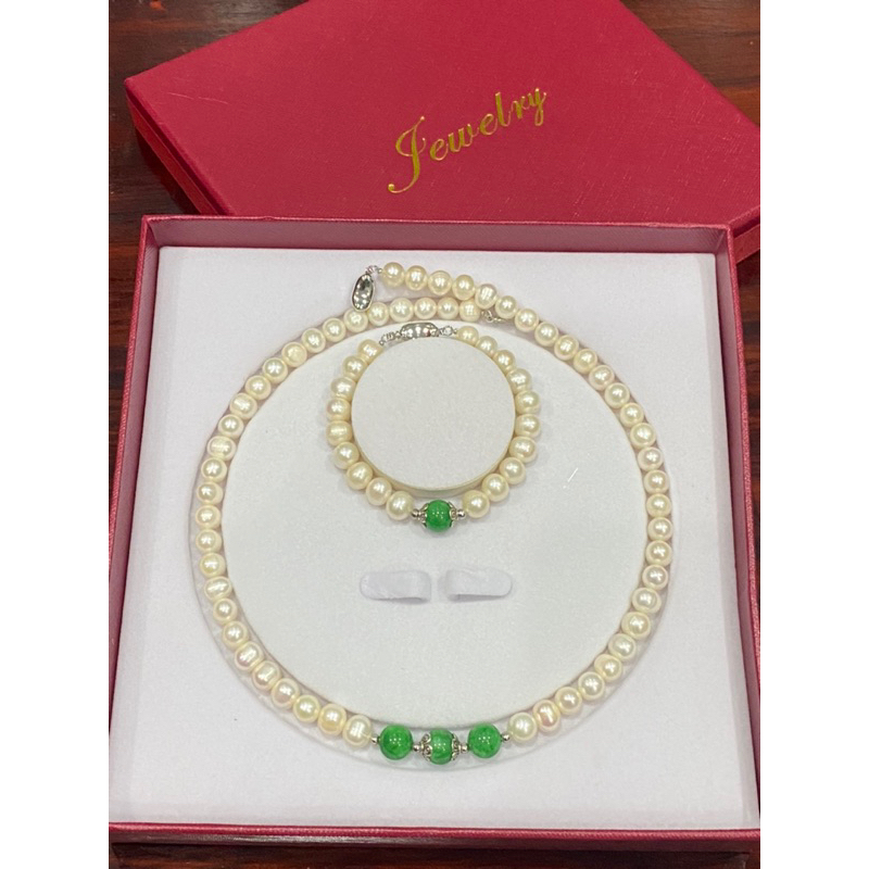 Bộ trang sức quà tặng hạt màu Trắng 8ly phối đá