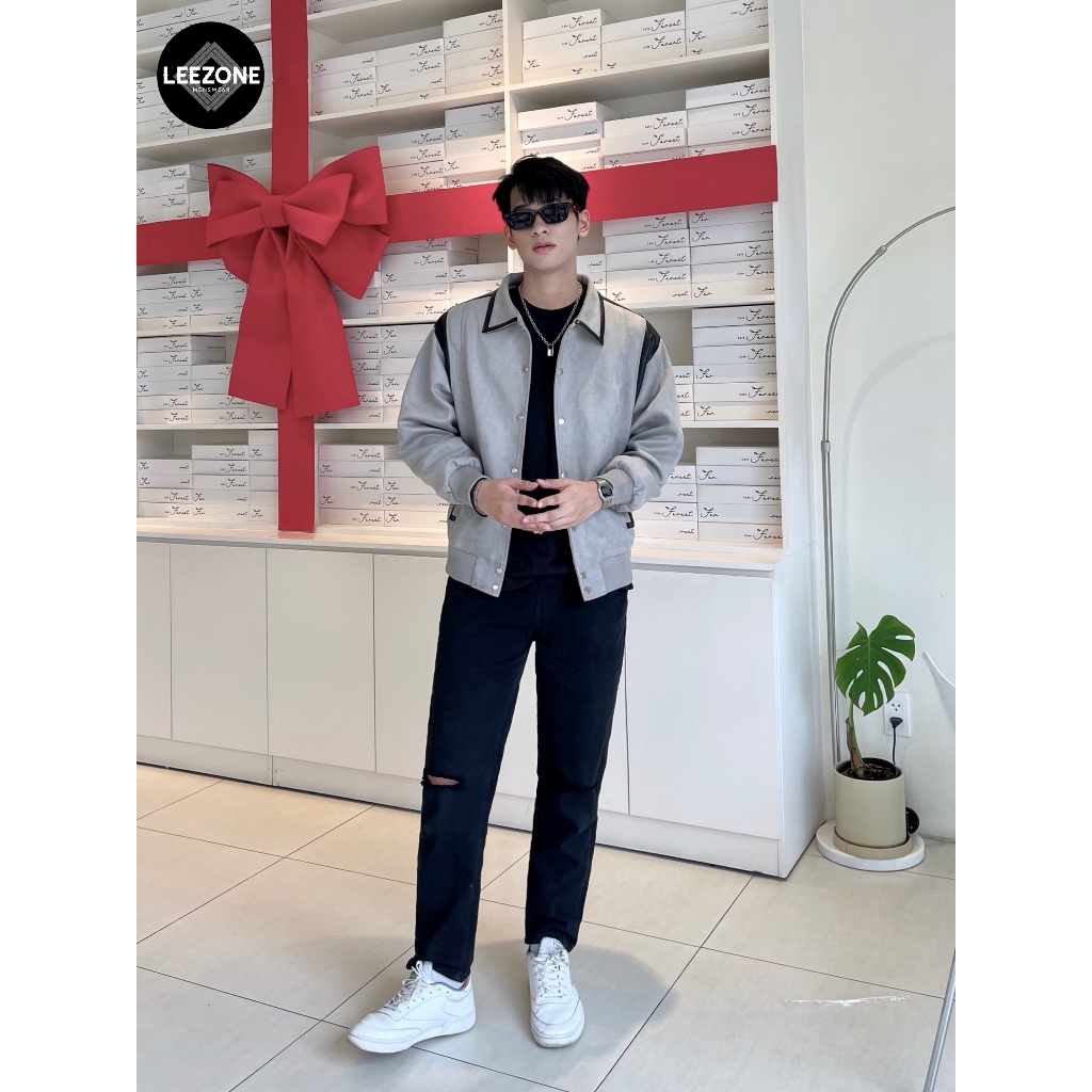 Áo khoác Da lộn nam LeeZone cao cấp | Varsity Tương phản Xám