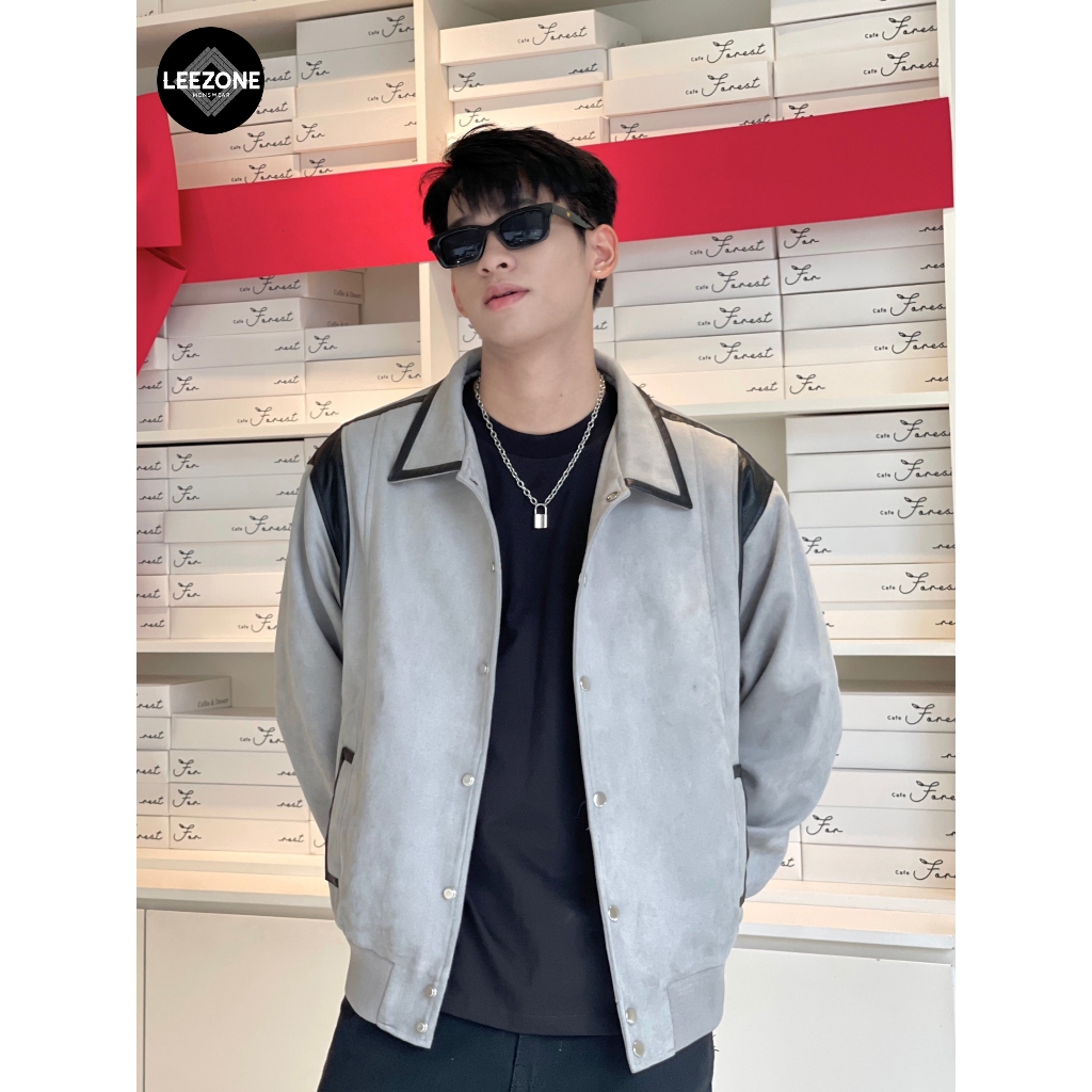 Áo khoác Da lộn nam LeeZone cao cấp | Varsity Tương phản Xám