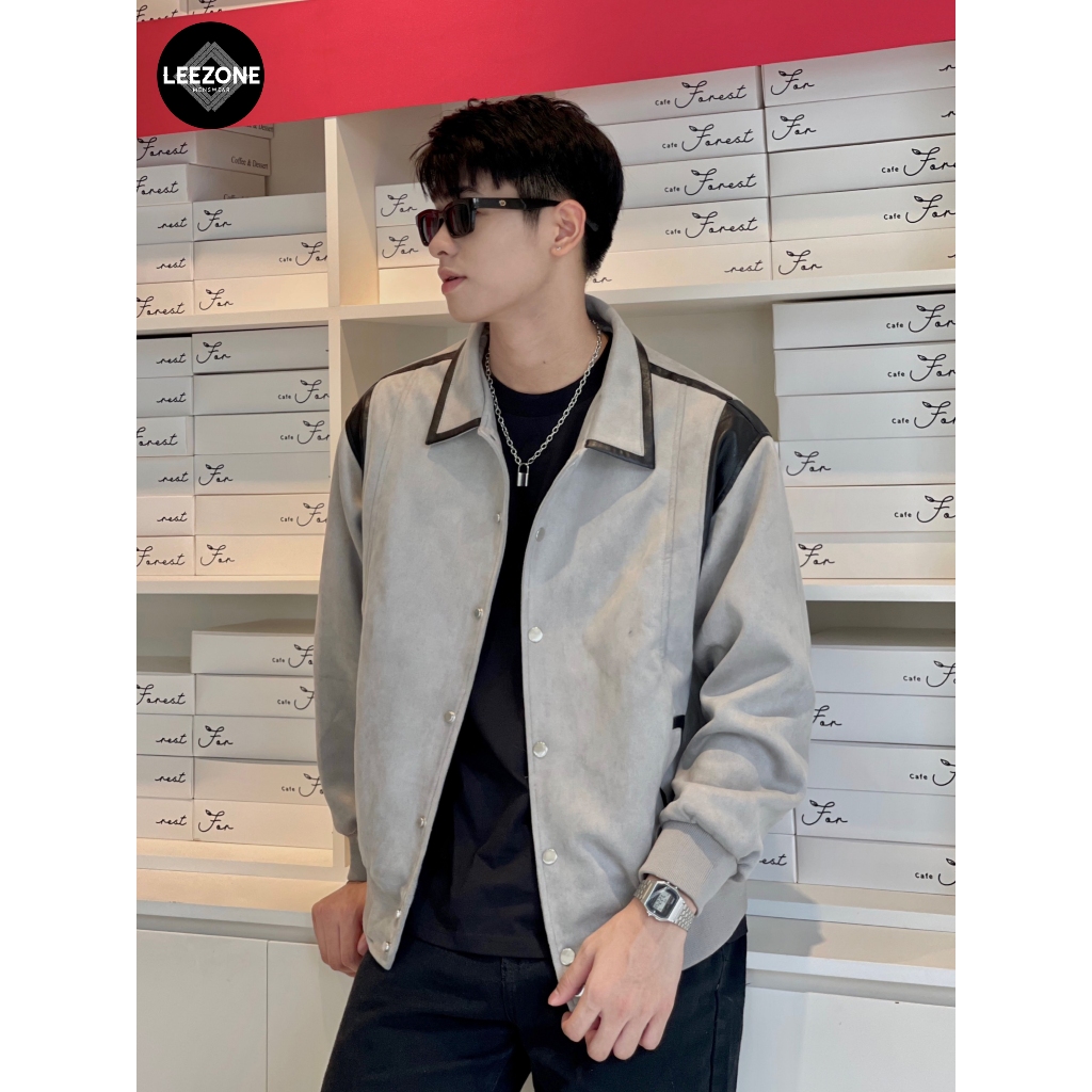 Áo khoác Da lộn nam LeeZone cao cấp | Varsity Tương phản Xám