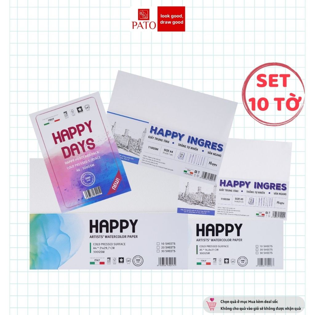 Giấy Vẽ Màu Nước Happy Ingres Postcard 110/300gsm - Giấy Vẽ A4/A5/A6 Tập 10 Tờ Vân Cold, Bề Mặt Nhám, Có Vân Lưới