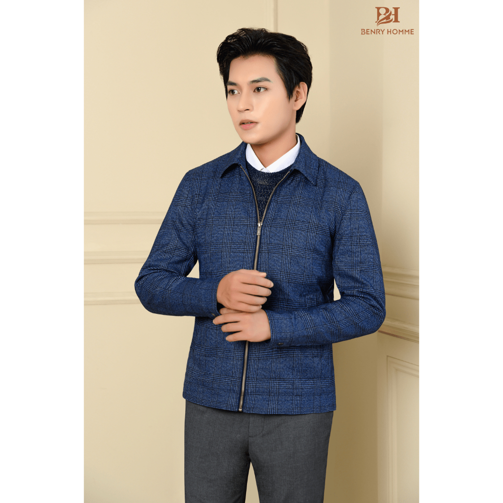 Áo khoác nam Benry màu xanh navy, chất liệu sợi lông cừu phong cách Hàn Quốc JK18130NV
