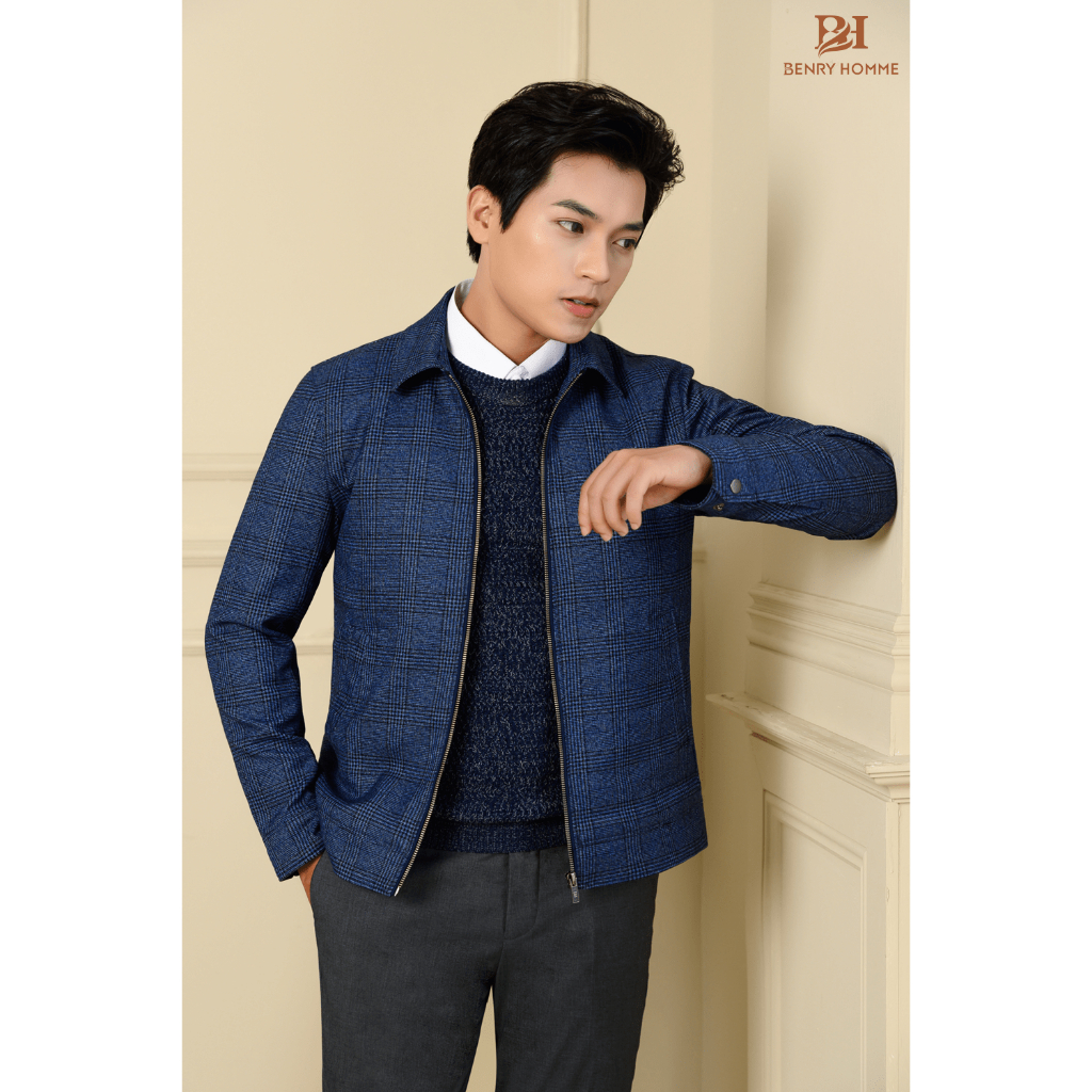 Áo khoác nam Benry màu xanh navy, chất liệu sợi lông cừu phong cách Hàn Quốc JK18130NV