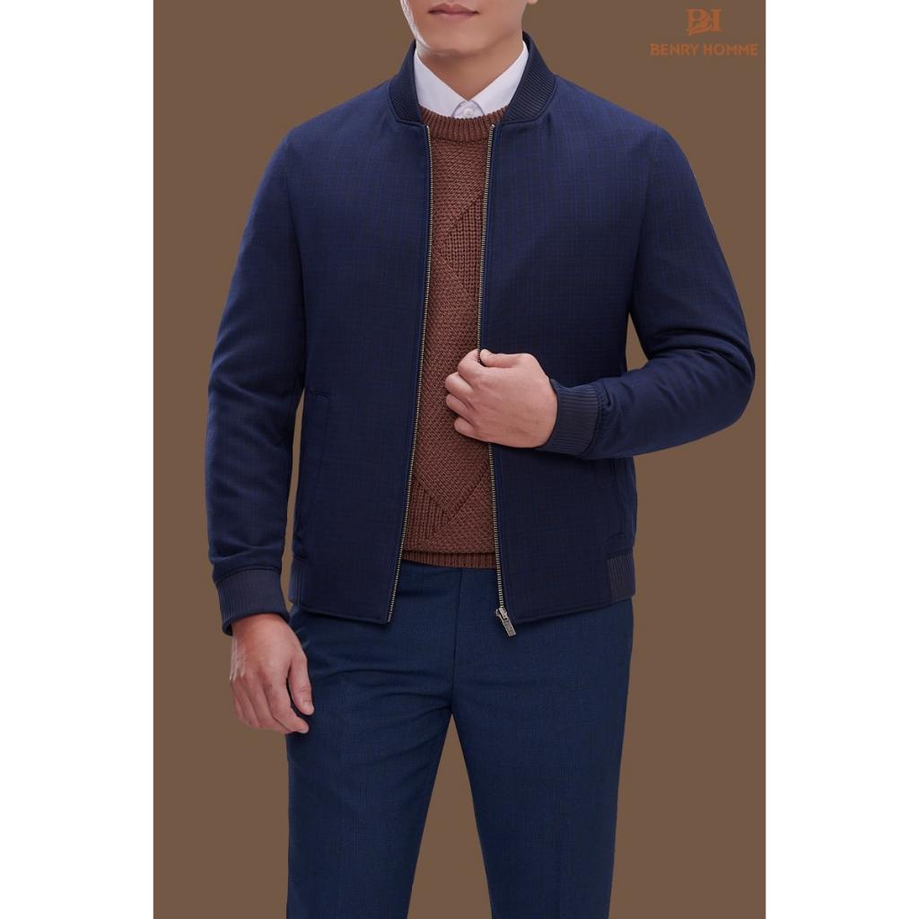 Áo khoác bomber nam Benry màu xanh navy, chất liệu sợi lông cừu phong cách Hàn Quốc JK18139NV