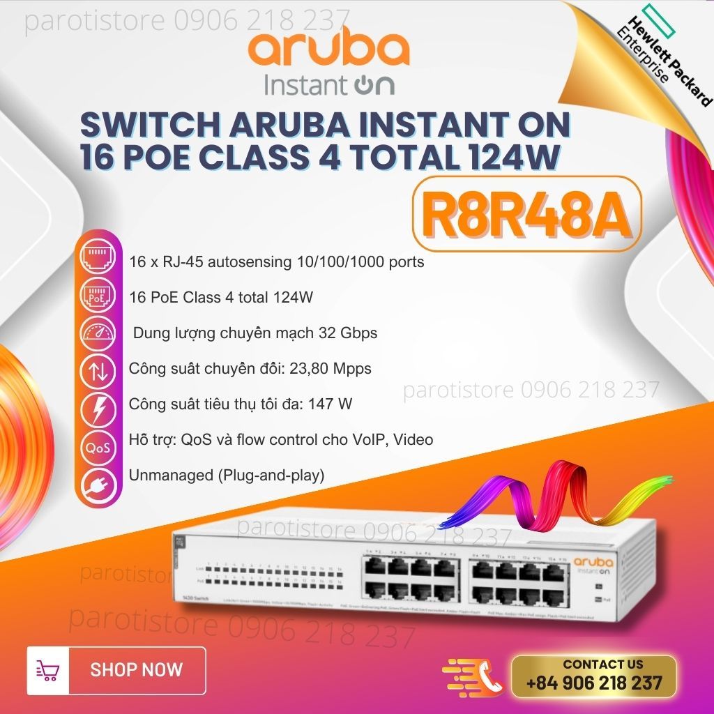 Switch chia mạng Aruba Instant On 1430 16G Class 4 PoE 124W R8R48A _mới 100%