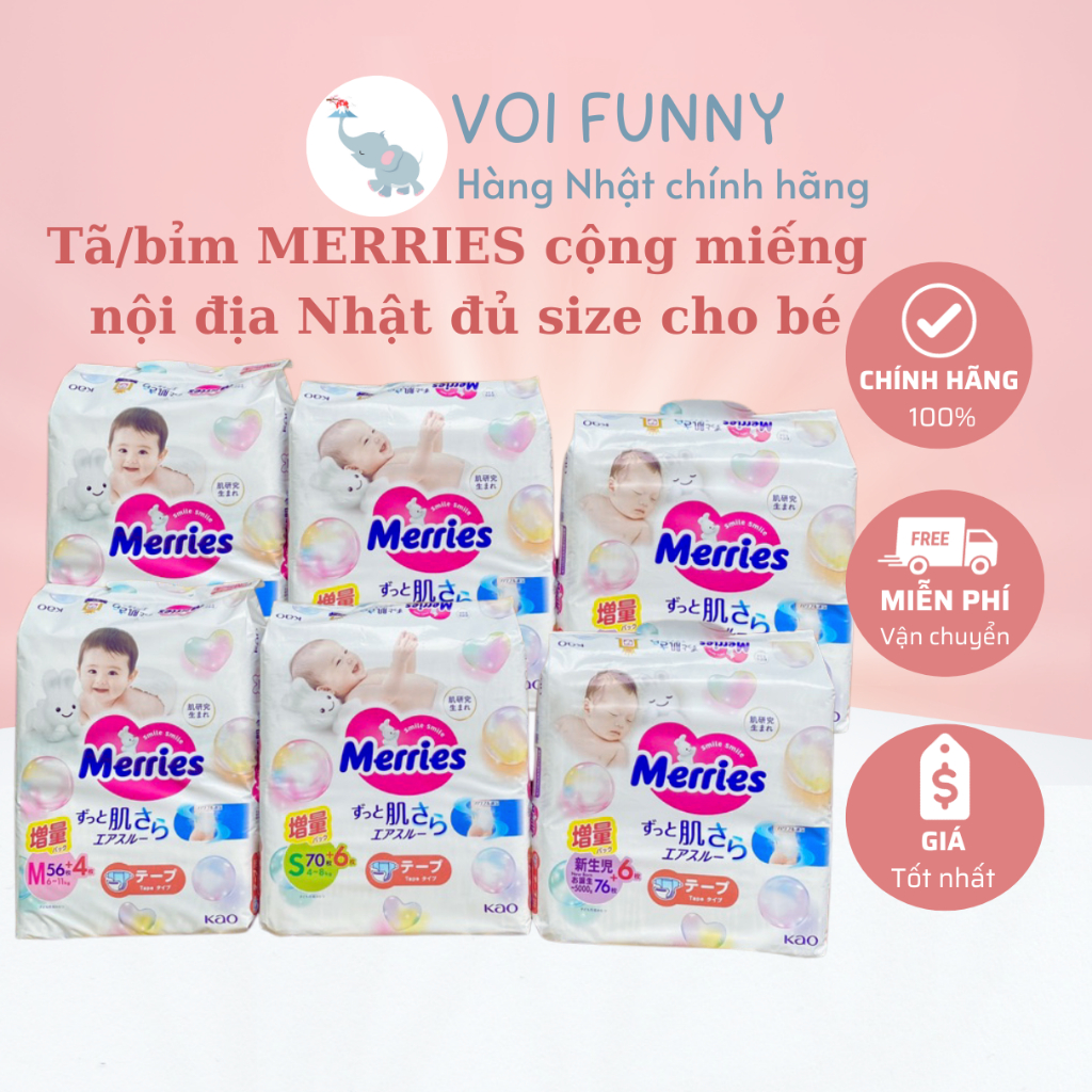 CHÍNH HÃNG Mẫu mới nhất Tã bỉm MERRIES cộng miếng dán quần nội địa Nhật