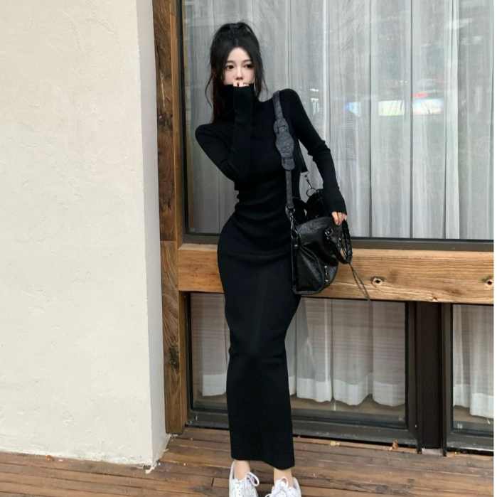 Đầm Body Đen Chất Len Dày Dặn Cổ Cao LOKOSA Đầm Dáng Dài Ôm Body Tôn Dáng Màu Đen VD001