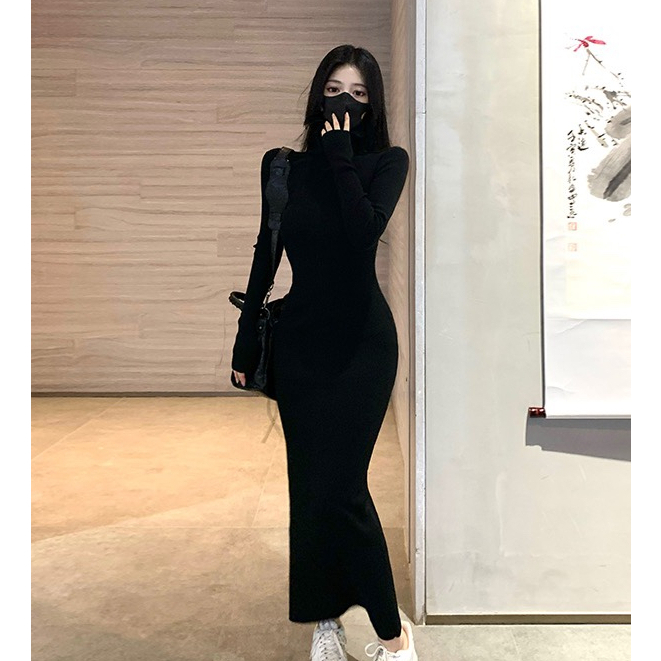 Đầm Body Đen Chất Len Dày Dặn Cổ Cao LOKOSA Đầm Dáng Dài Ôm Body Tôn Dáng Màu Đen VD001