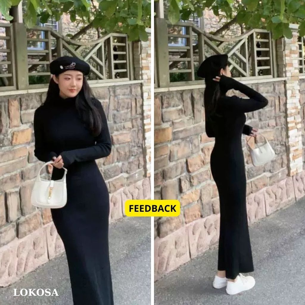 Đầm Body Đen Chất Len Dày Dặn Cổ Cao LOKOSA Đầm Dáng Dài Ôm Body Tôn Dáng Màu Đen VD001