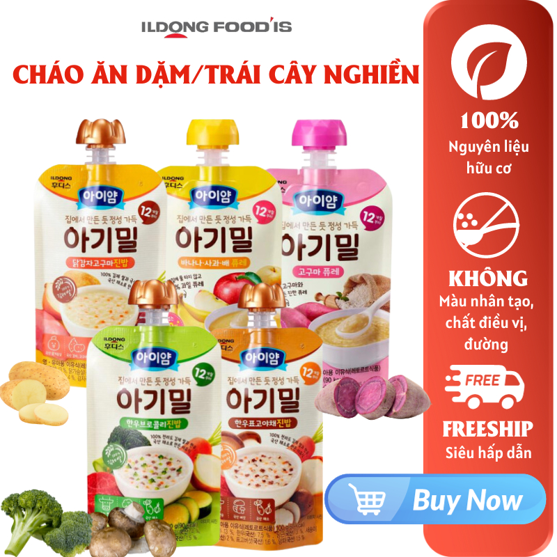 Cháo Ăn Dặm Hữu Cơ, Trái Cây Nghiền Ăn Dặm Khoai Lang Nghiền ILDONG cho bé từ 10 tháng tuổi ăn dặm tiện lợi túi 100g