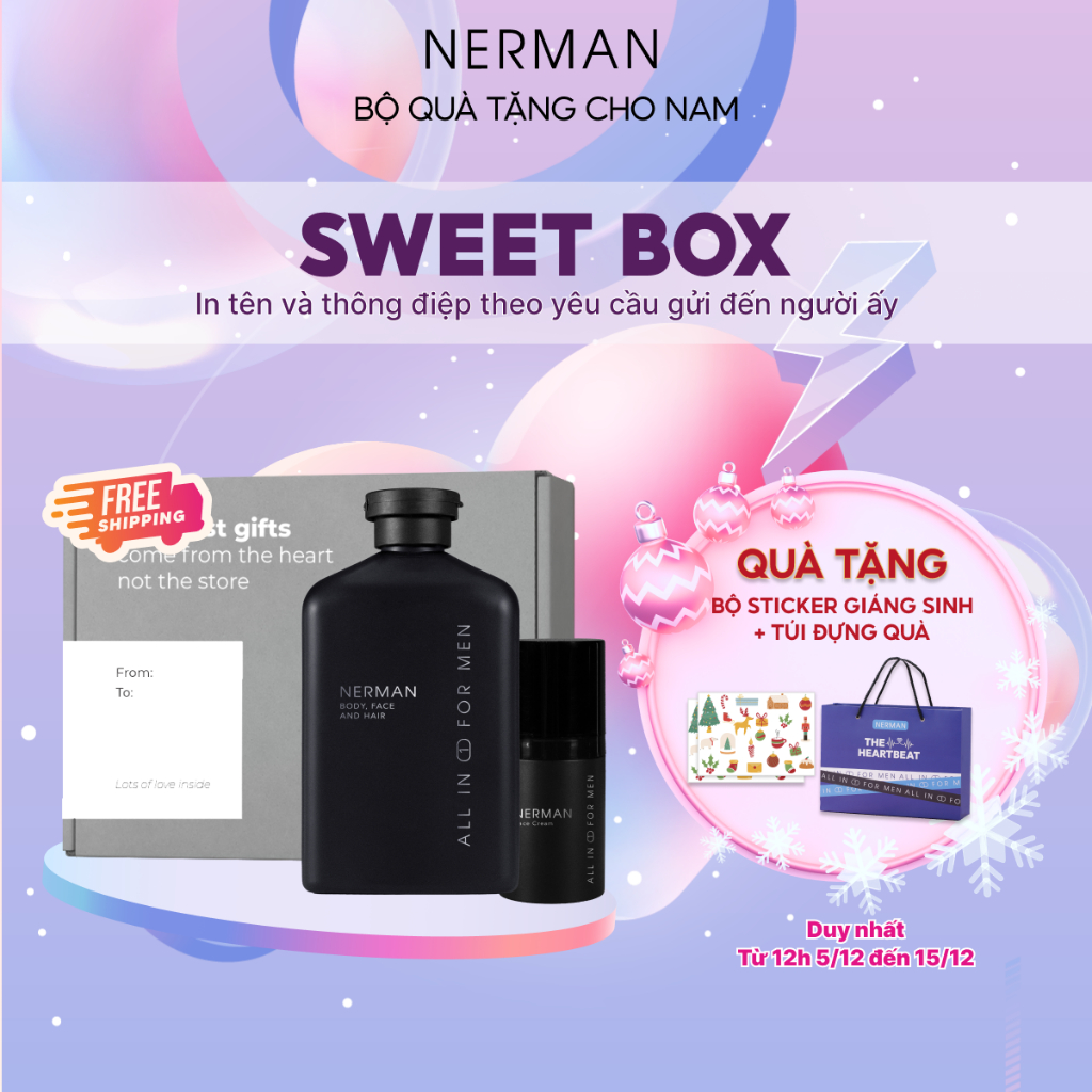 Bộ quà tặng Noel giáng sinh cho nam SWEET BOX Nerman - Sữa tắm gội hương nước hoa 3in1 350ml & Kem dưỡng trắng 50g