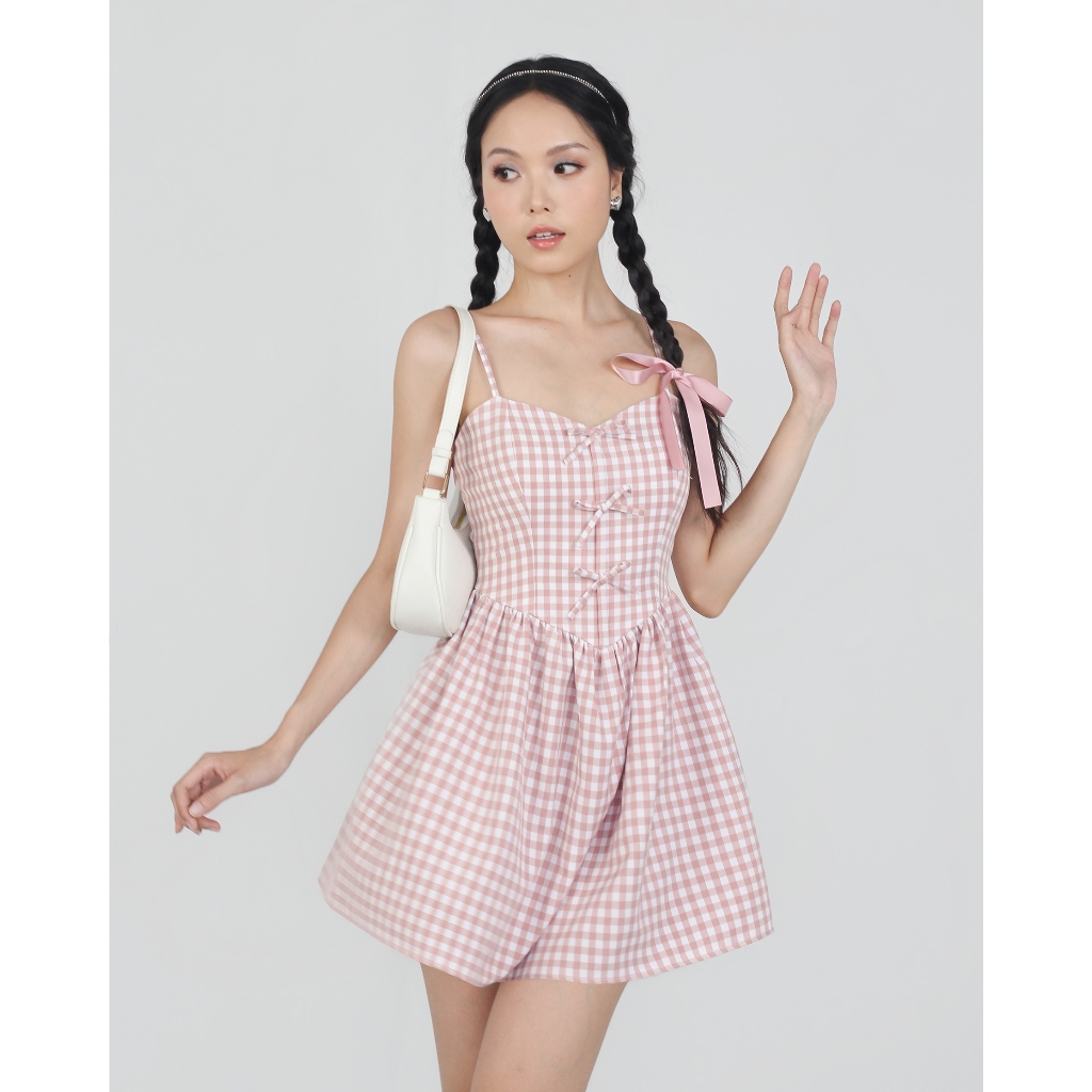 DALLA Đầm 2 dây phồng 3 nơ xanh, hồng