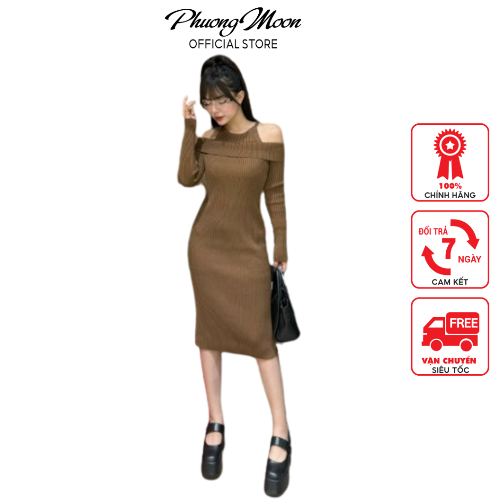 Váy len body nữ PHUONGMOON, kiểu dáng trễ vai chất len dày dặn