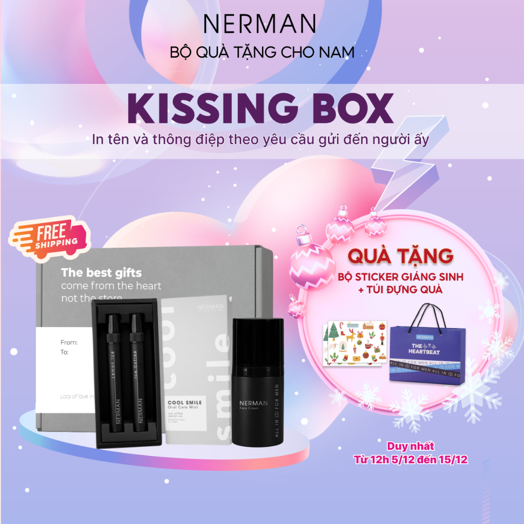 [Mã FMCGNE92 giảm 8% đơn 250K] Bộ quà nam giới-KISSING BOX NERMAN - Xịt thơm miệng Cool Smile 10ml/chai & Kem dưỡng t