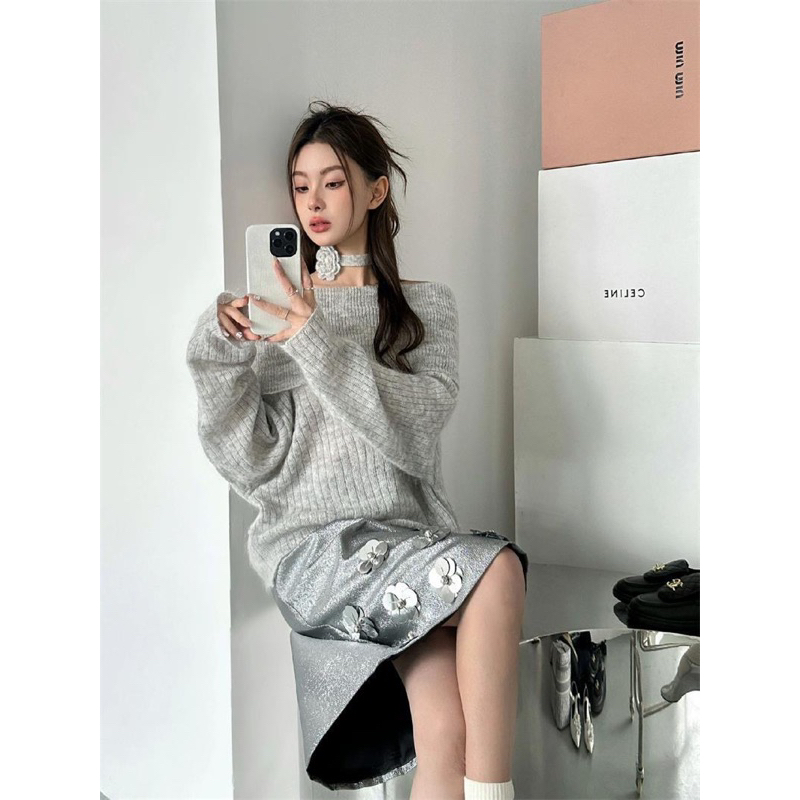 Áo len Trễ Vai Dáng Ôm Thời Trang Mùa Thu Phong Cách Pháp Ngọt Ngào Cho Nữ