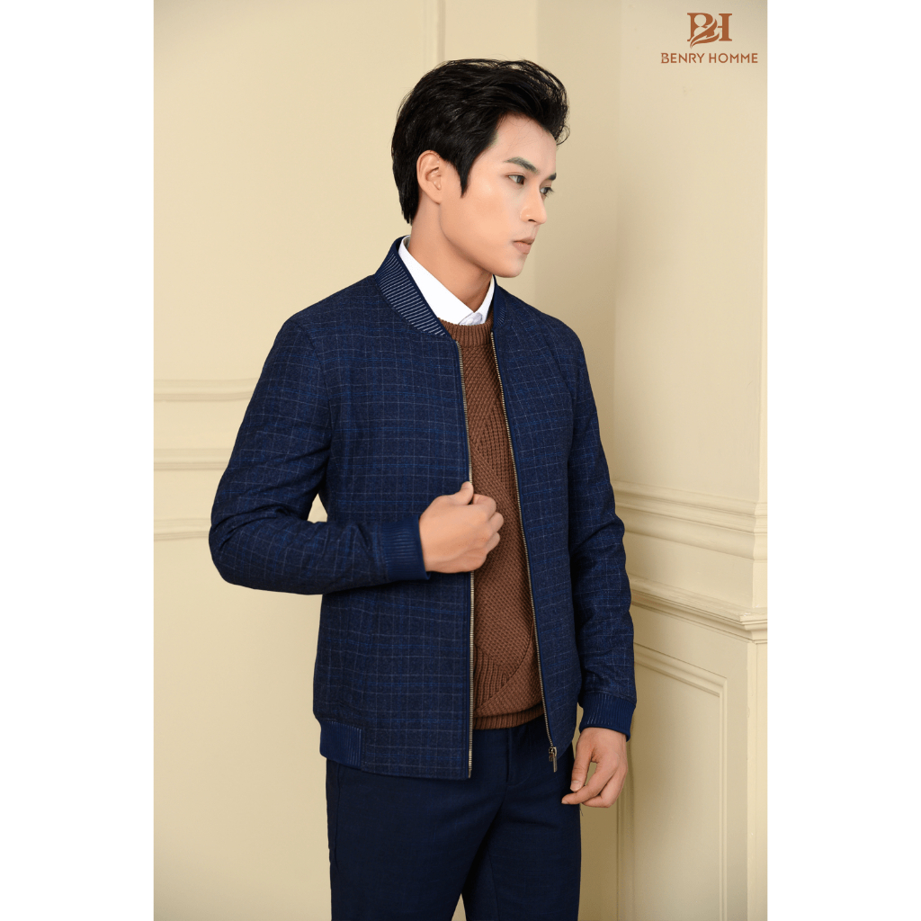 Áo khoác nam Benry màu xanh than, chất liệu sợi lông cừu phong cách Hàn Quốc JK18141NV