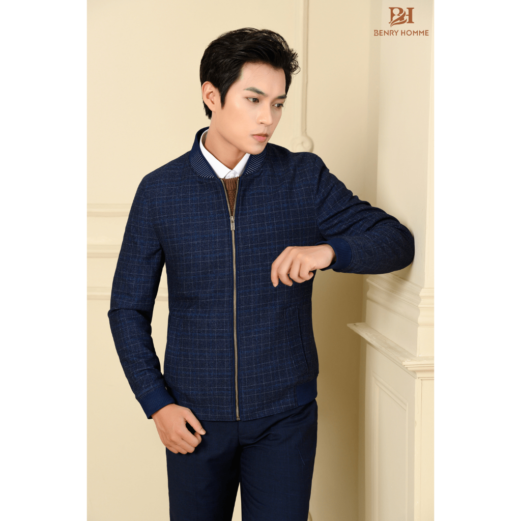 Áo khoác nam Benry màu xanh than, chất liệu sợi lông cừu phong cách Hàn Quốc JK18141NV