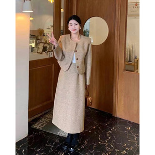 Set đồ nữ áo khoác dạ dài tay cổ tròn dáng ngắn, chân váy dài qua gối lưng cao phong cách sang chảnh_hàng order qccc