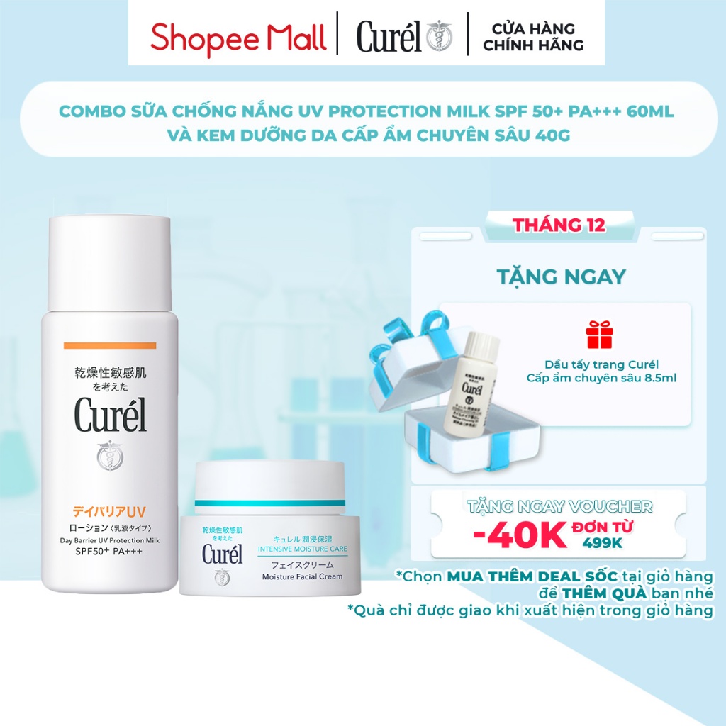 Combo sữa chống nắng Curel UV Protection Milk SPF 50+ PA+++ 60ml và Kem dưỡng da Curel cấp ẩm chuyên sâu 40g