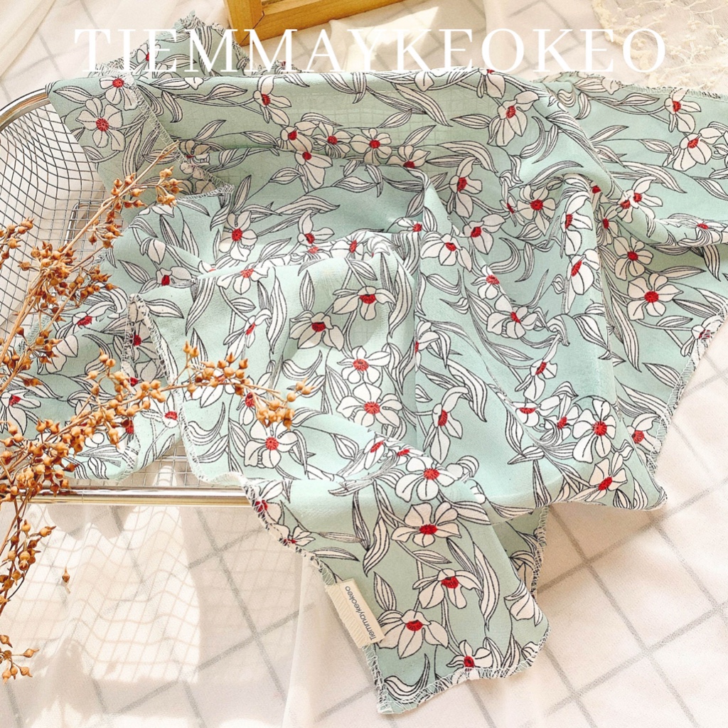 Khăn vải bandana tone xanh dương TIEMMAYKEOKEO turban hoa nhí vải mềm thời trang nữ phụ kiện trang trí decor kt 50x50cm