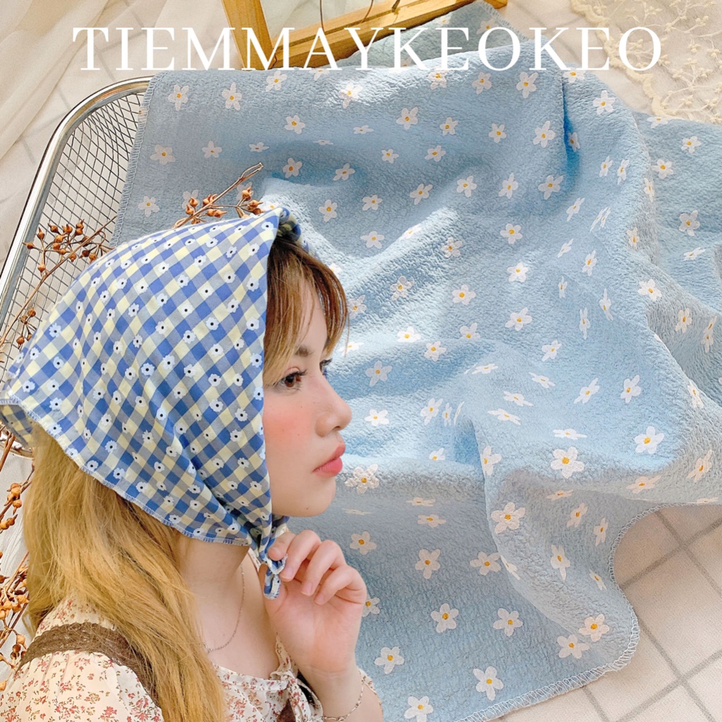Khăn vải bandana tone xanh dương TIEMMAYKEOKEO turban hoa nhí vải mềm thời trang nữ phụ kiện trang trí decor kt 50x50cm