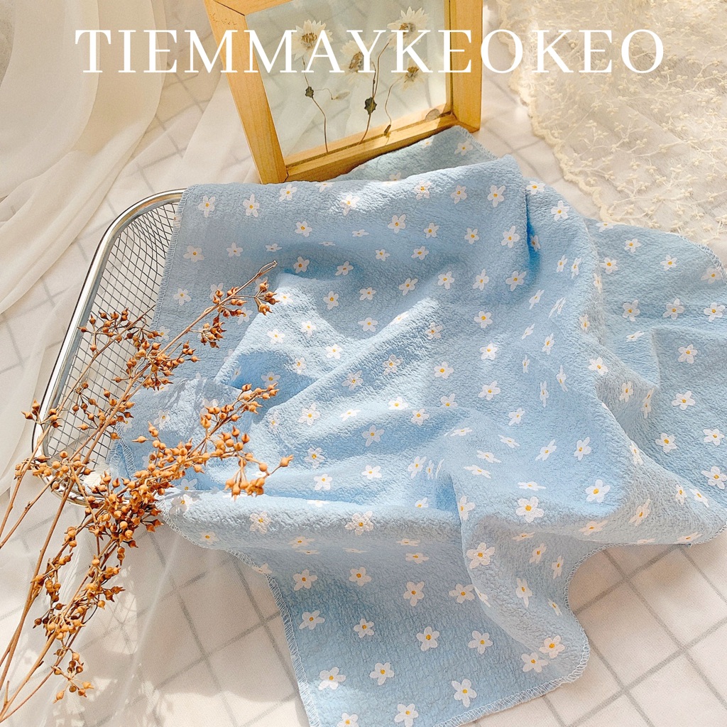 Khăn vải bandana tone xanh dương TIEMMAYKEOKEO turban hoa nhí vải mềm thời trang nữ phụ kiện trang trí decor kt 50x50cm