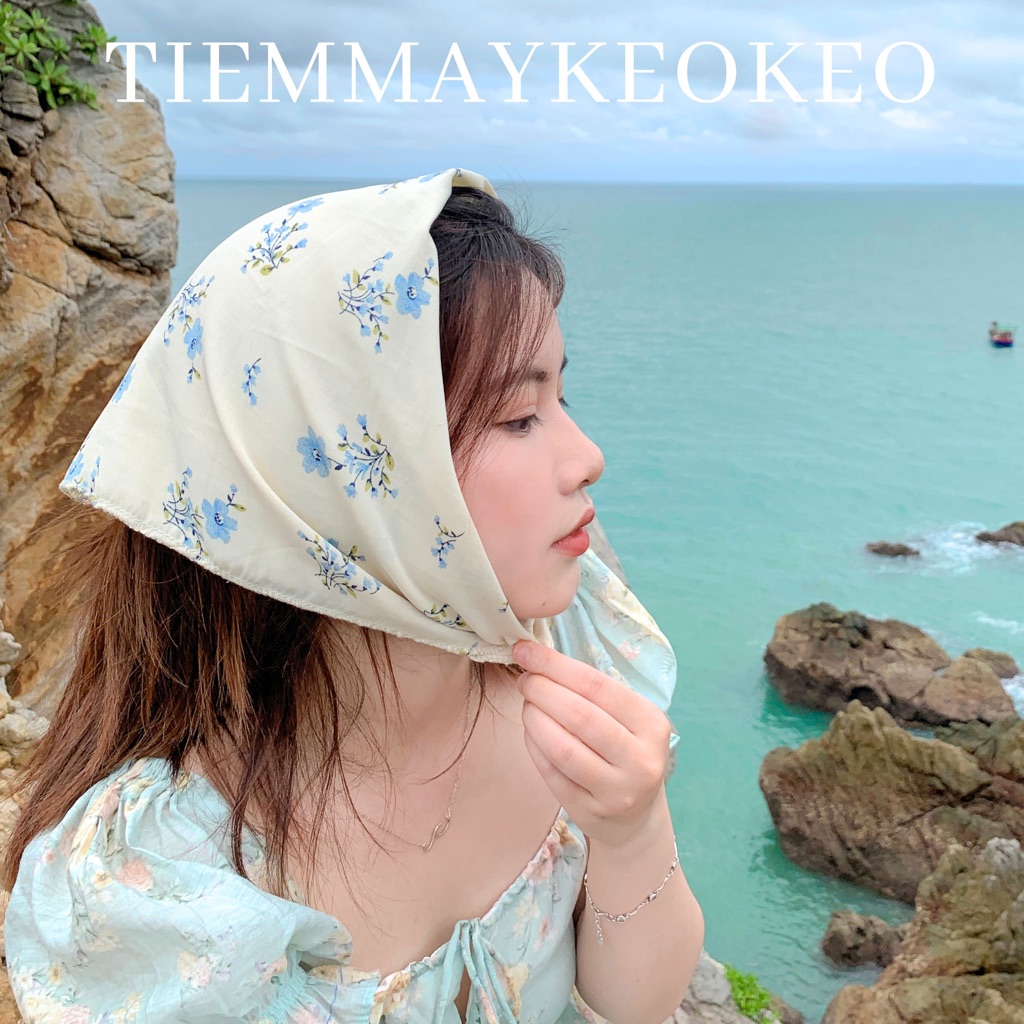 Khăn vải bandana tone xanh dương TIEMMAYKEOKEO turban hoa nhí vải mềm thời trang nữ phụ kiện trang trí decor kt 50x50cm