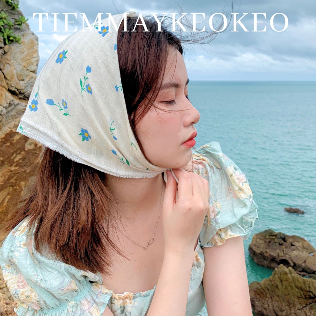 Khăn vải bandana tone xanh dương TIEMMAYKEOKEO turban hoa nhí vải mềm thời trang nữ phụ kiện trang trí decor kt 50x50cm