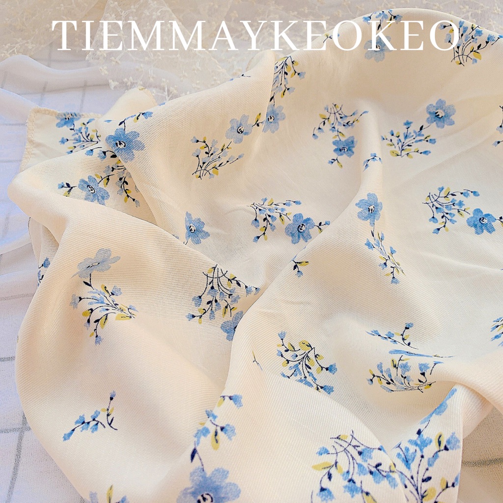 Khăn vải bandana tone xanh dương TIEMMAYKEOKEO turban hoa nhí vải mềm thời trang nữ phụ kiện trang trí decor kt 50x50cm