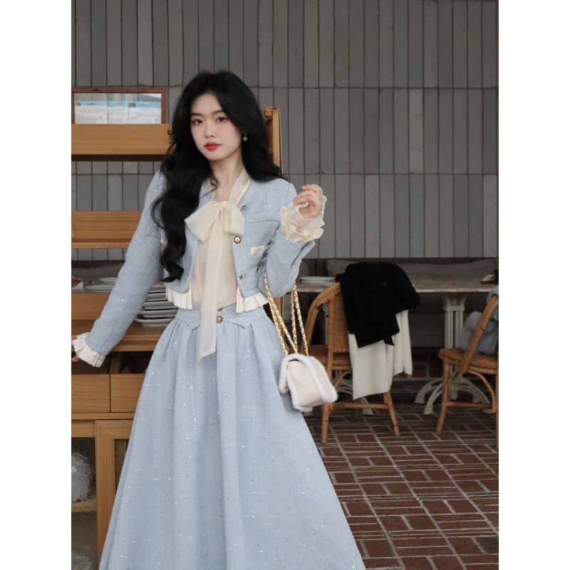 Set Dạ Tweed Áo Khoác Lửng Kèm Chân Váy Dài Màu Xanh Pastel Siêu Xinh Phong Cách Hàn Quốc Có Ảnh Thật_ Hàng Order QCCC