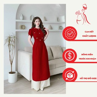 Set Áo dài cách tân nữ màu đỏ chất nhung đính đá pha lê nổi cực đẹp, mềm nhẹ, tạo phom cực chuẩn diện tết cho các nàng