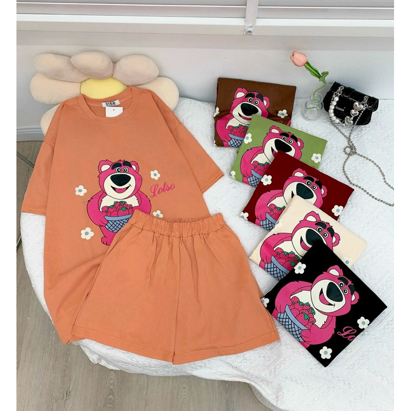 Sét Bộ Đùi Nữ 3158 Cotton Khô Form Rộng Nam Nữ Unisex In Hình Gấu Dâu M204