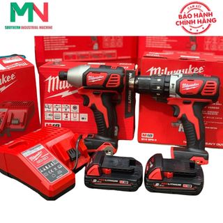 Combo 2 milwaukee máy khoan động lực m18 bpd, máy bắn vít m18 bid, 2 pin 18v 2.0ah m18b2, sạc m12-18c - chính hãng