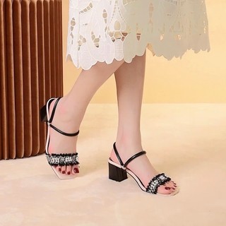 Giày Cao Gót MWC 3917 - Giày Sandal Cao Gót Đế Vuông 5P Quai Ngang Phối Ren