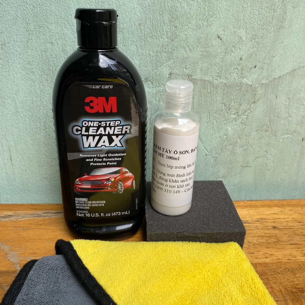 Kem đánh bóng ô tô xe máy, kem xóa xước dăm và tẩy ố bề mặt sơn One Step 3M Mỹ chiết lẻ 100ml kèm mút và khăn