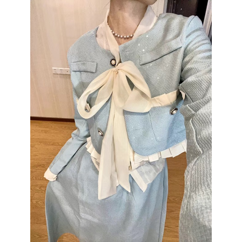 Set Dạ Tweed Áo Khoác Lửng Kèm Chân Váy Dài Màu Xanh Pastel Siêu Xinh Phong Cách Hàn Quốc Có Ảnh Thật_ Hàng Order QCCC
