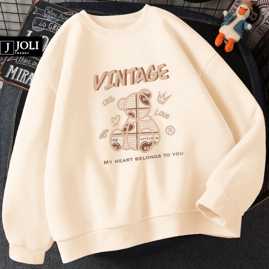 Áo sweater gấu Vin nam nữ form rộng, áo nỉ cổ tròn, mùa đông unisex vải cotton dày dặn