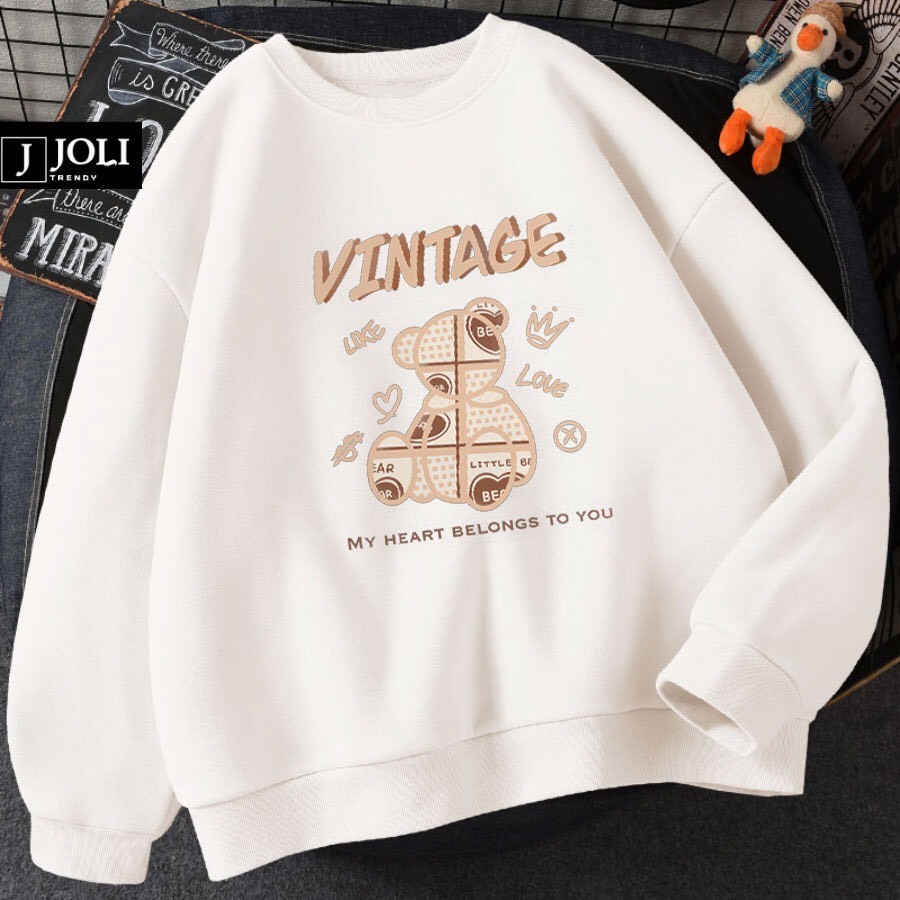 Áo sweater gấu Vin nam nữ form rộng, áo nỉ cổ tròn, mùa đông unisex vải cotton dày dặn