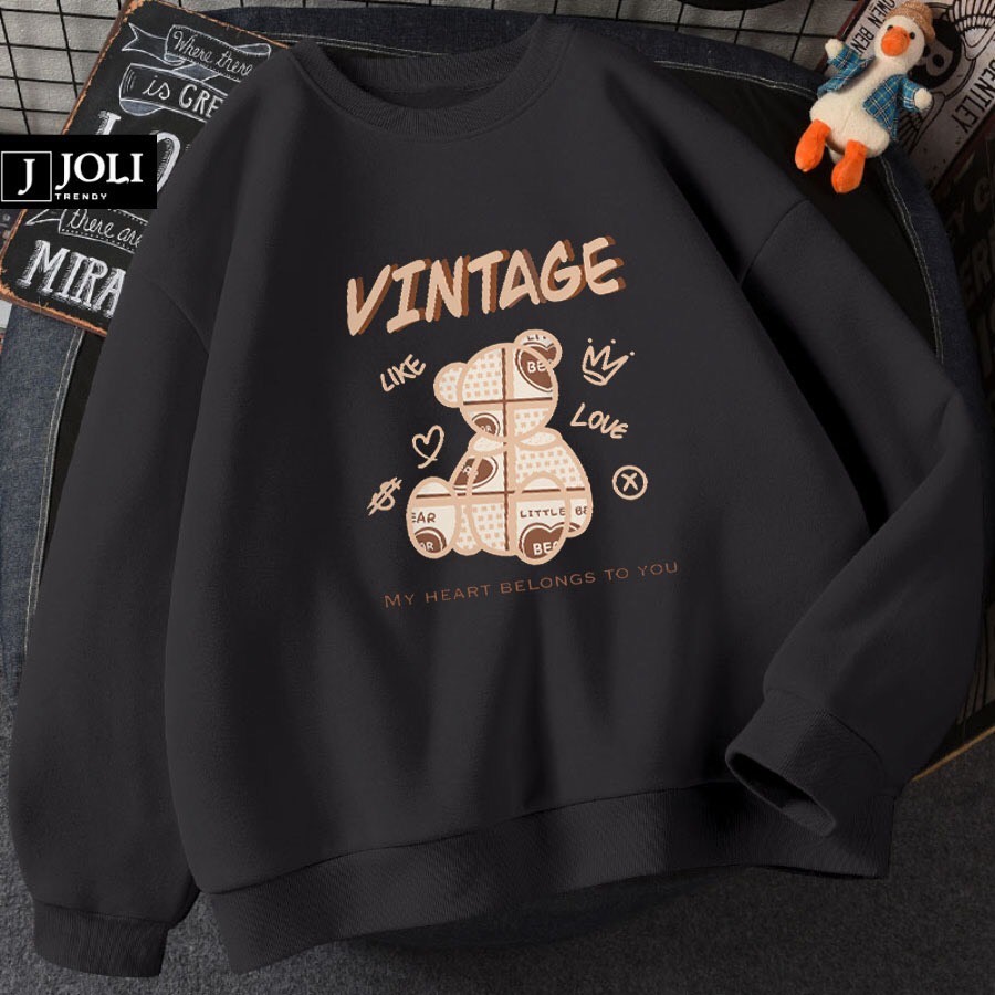 Áo sweater gấu Vin nam nữ form rộng, áo nỉ cổ tròn, mùa đông unisex vải cotton dày dặn