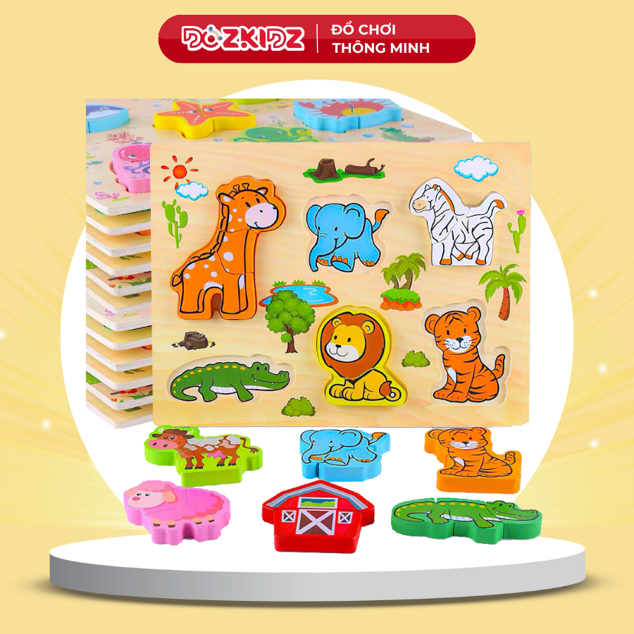 Bảng ghép hình logic theo chủ đề, đồ chơi gỗ phát triển trí tuệ cho bé từ 1-3 tuổi - DOZKIDZ