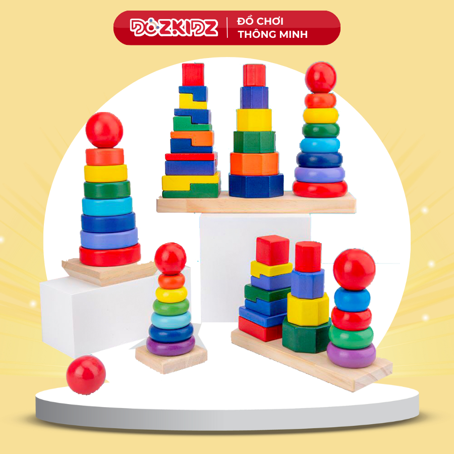 Đồ chơi gỗ thông minh, xếp 3 tháp cầu vòng size lớn/nhỏ cho bé - DOZKIDZ