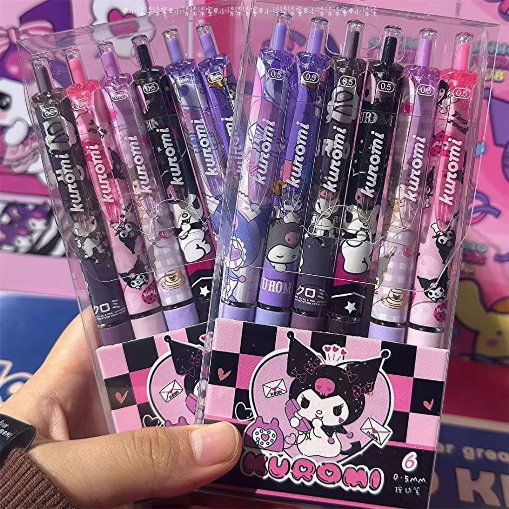 Set 6 Bút Bi Bấm Mực Gel Ngòi 0.5mm Họa Tiết cute, anime,one pice, kuromi... Ngộ Nghĩnh Hot Trend Cây Viết Mực Nước Đen