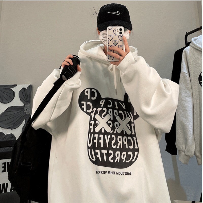 Áo Hoodie Gấu mắt XX nam nữ form rộng, áo nỉ mũ 2 lớp, mùa đông unisex vải cotton dày dặn