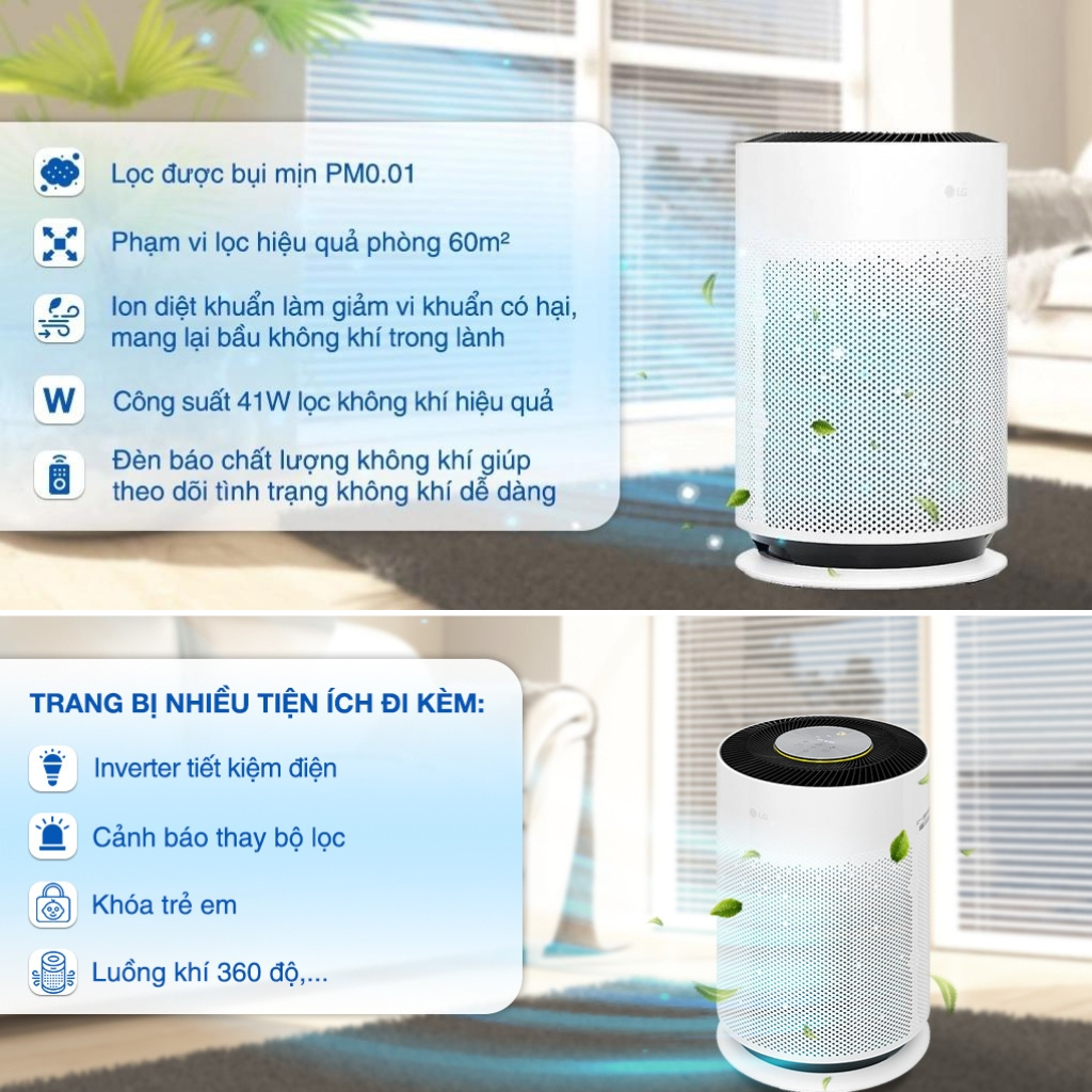 Máy lọc không khí LG PuriCare 360 Hit AS60GHWG0 41W | Máy lọc không khí AS60GHWG0 màu trắng cho phòng 60m2 | Chính hãng